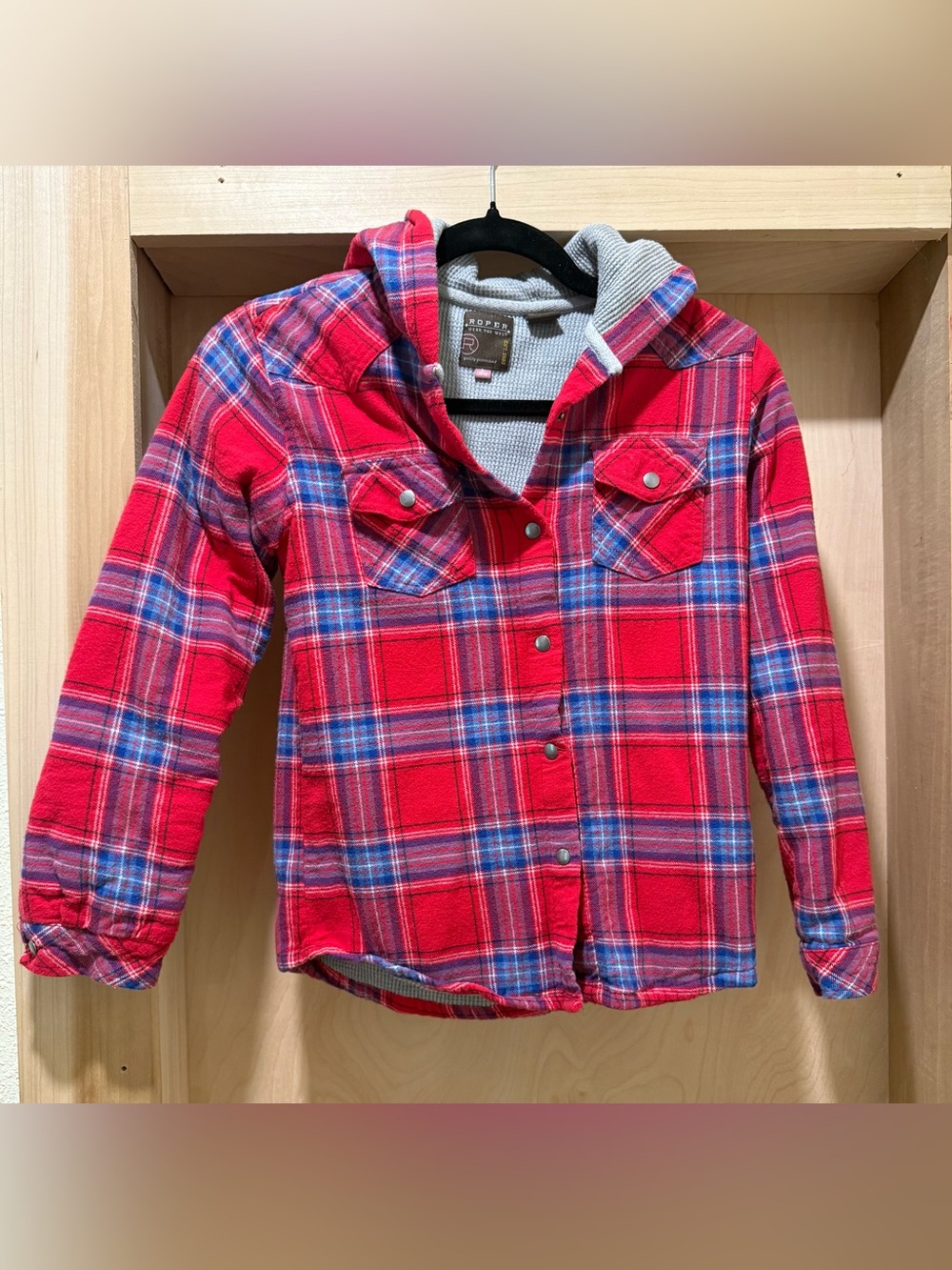 Roper Girls  Red Plaid Button-Front Hooded Shirt Size Large 10/12